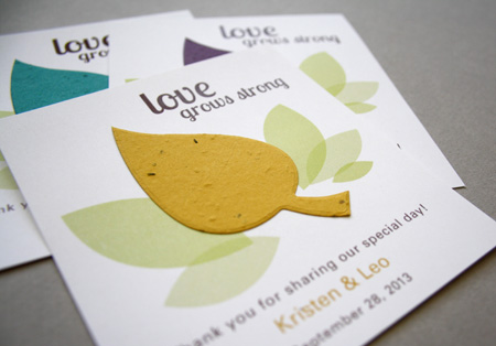 The Leaf Plantable Seed Paper Favor is shown with mustard yellow teal 