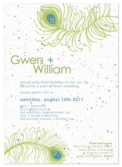 Our Peacock plantable seed wedding invitations come in three fabulous colors