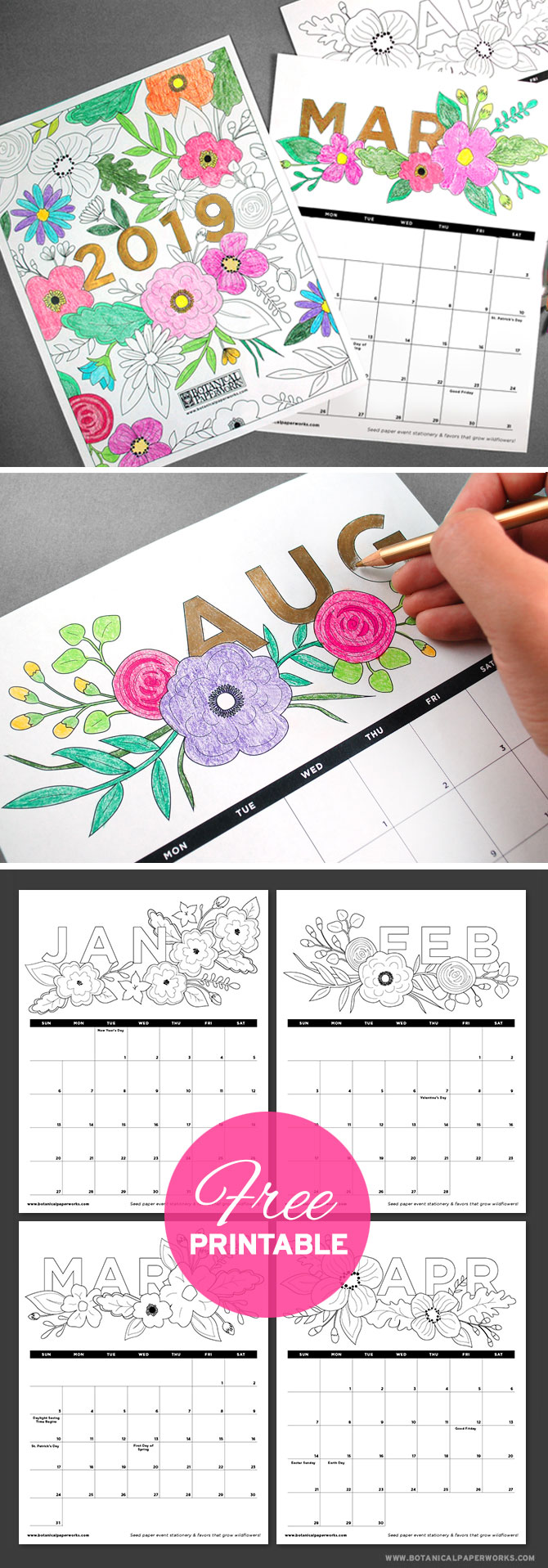 Satisfy the child within and plan for 2019 with this fun Free Printable Coloring Book Calendar! It's filled will floral illustrations that you can color in.