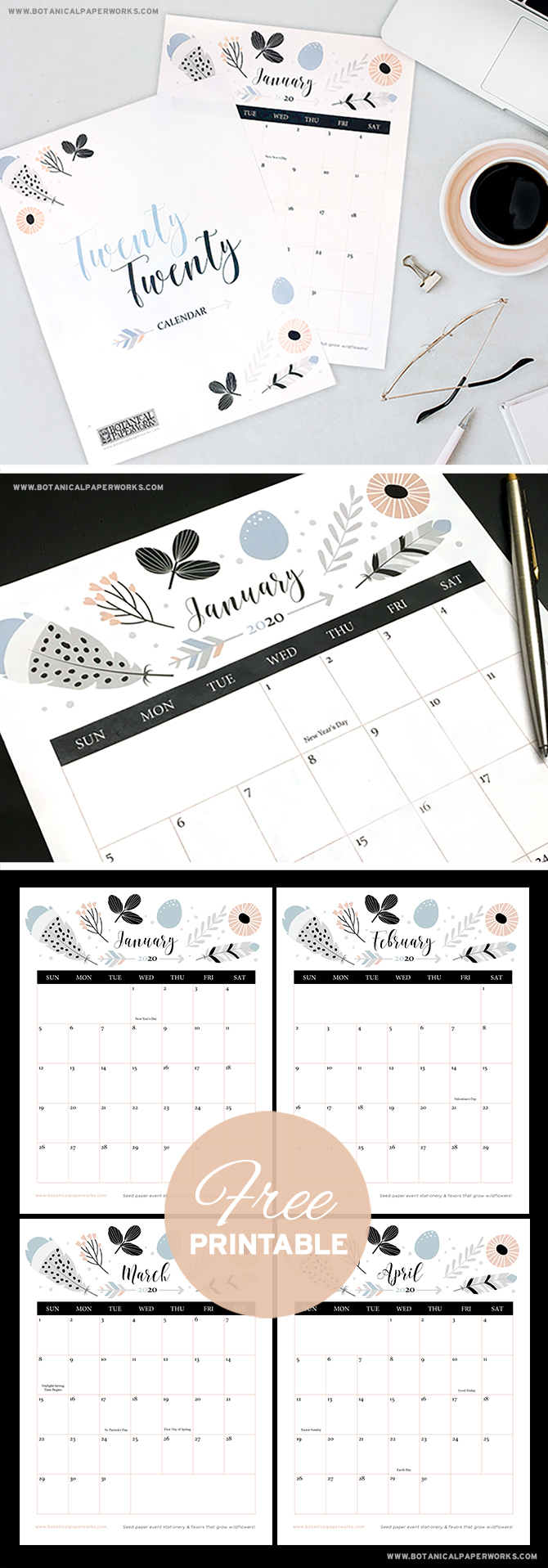 Download and print this stylish Boho Chic calendar to keep track of all your events and appointments in 2020.